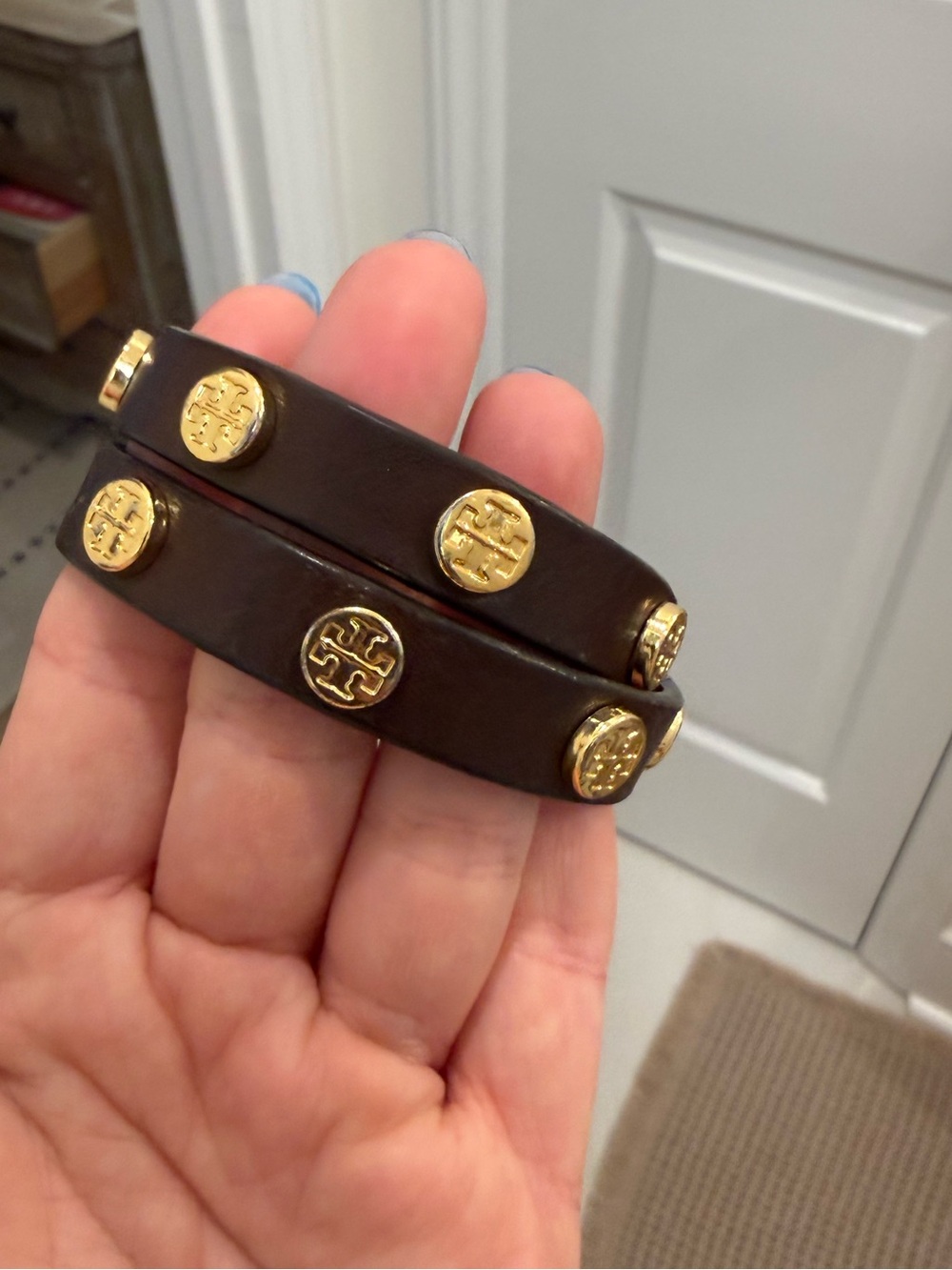 Tory Burch Brown Leather Double-Wrap Bracelet with Gold Logos
